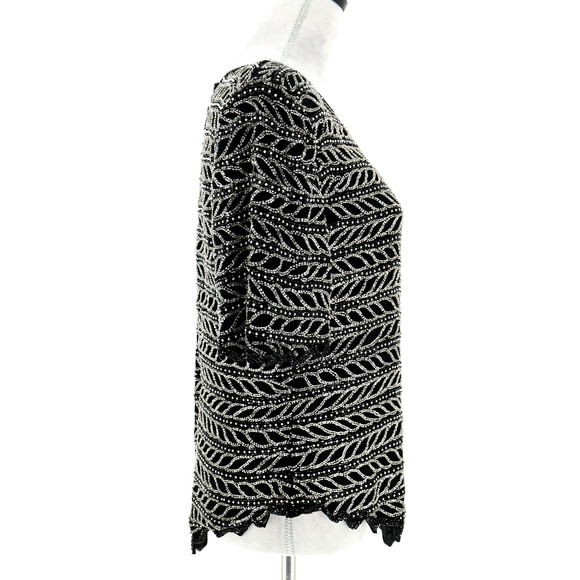Laurence Kazar Top Plus Size 2X XXL Black Silk Blouse Silver Beads Vintage - Picture 5 of 13